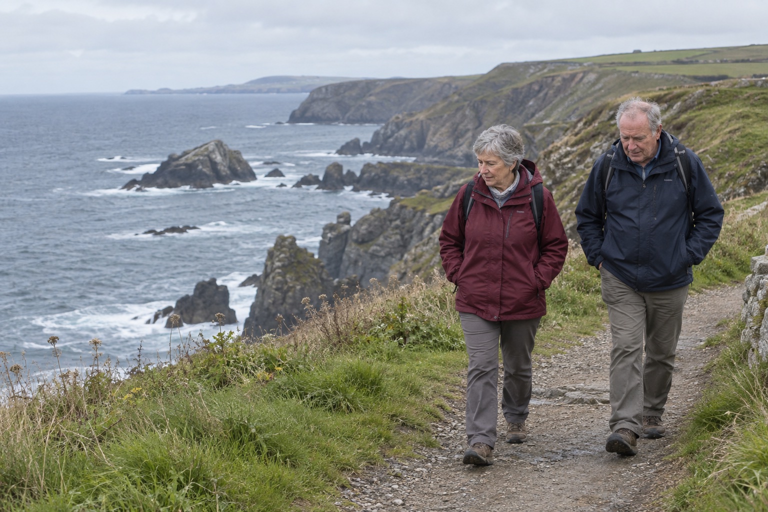 Older couple walking together along coastal cliffs