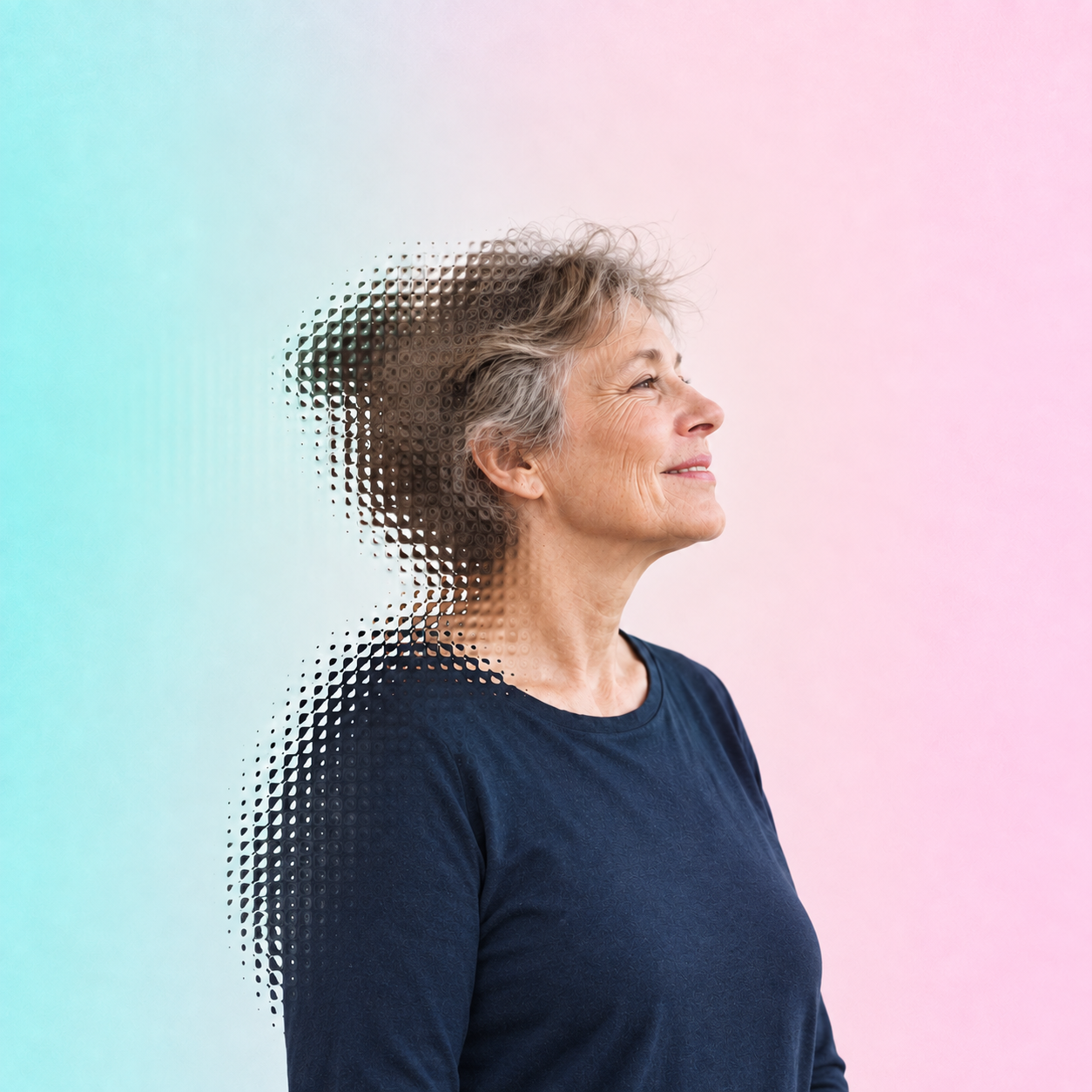 Older woman looking ahead with a calm, optimistic expression